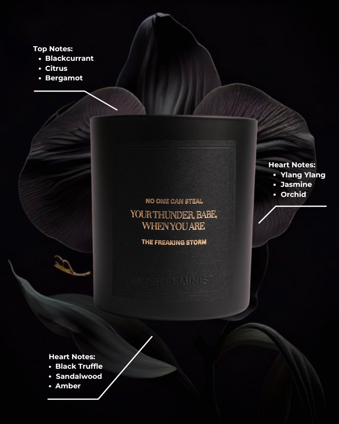 the empowering candle fragrance notes of blackcurrant, citrus, bergamot, ylang ylang, jasmine, orchid, black truffle, sandalwood and amber