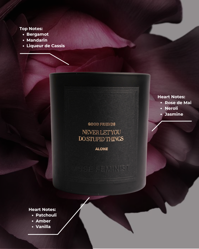 the playful candle fragrance notes of bergamot, mandarin, liqueur de cassis, rose de mai, neroli, jasmine, patchouli, amber and vanilla