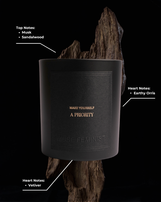 the self-love candle fragrance notes of musk, sandalwood, earthy orris and vetiver