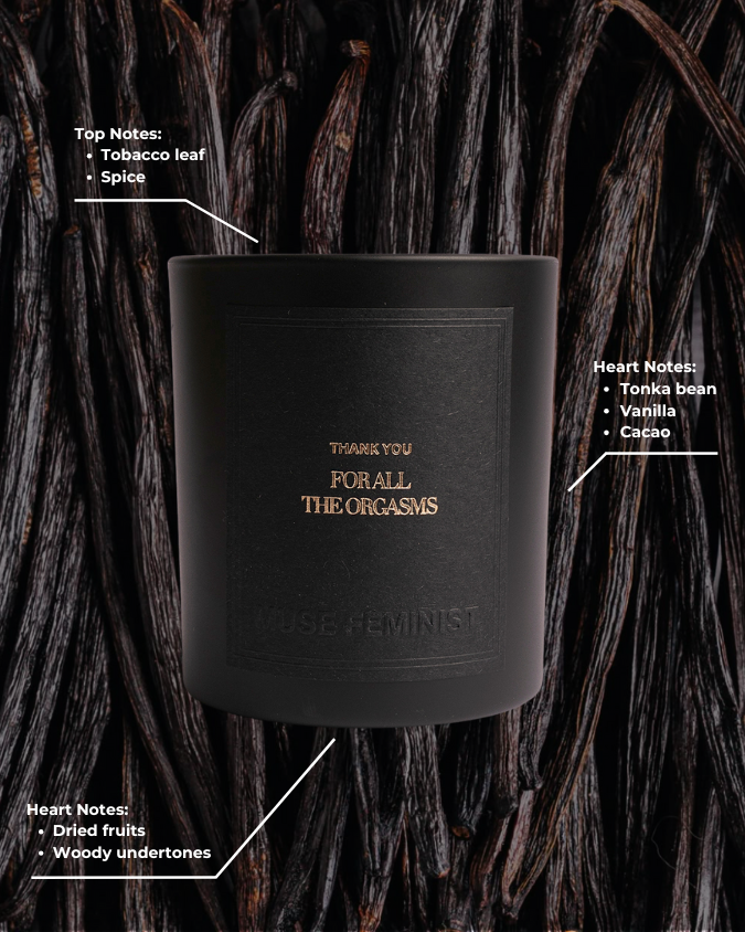 the sexy candle fragrance notes of tobacco leaf, spices, tonka bean, vanilla, cacao, dried fruits and woody undertones